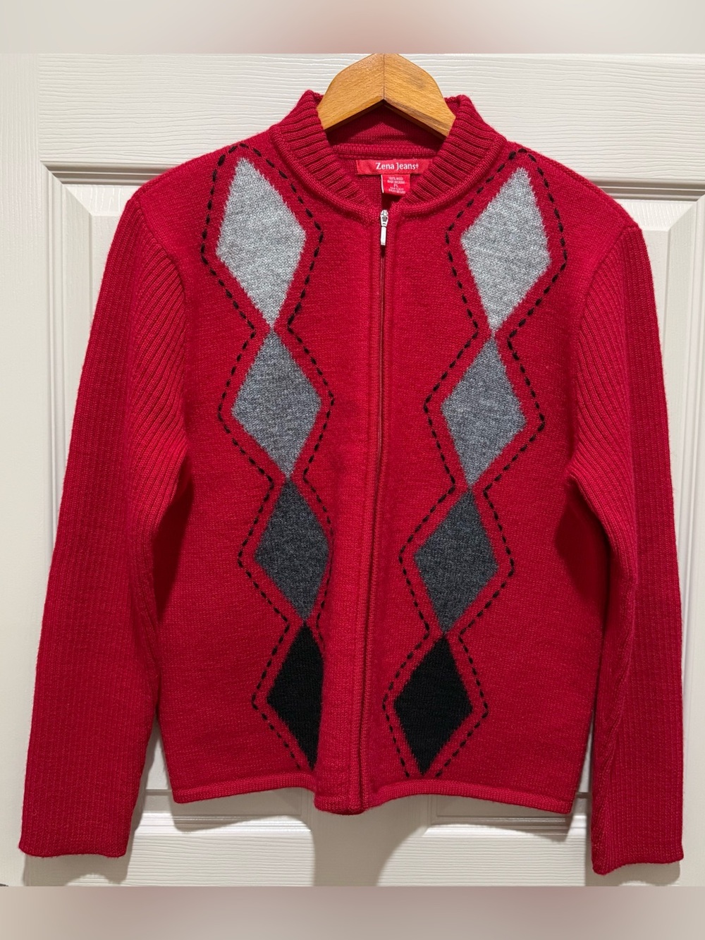 Zena Jeans Sweater Womens PL Red Argyle Wool Full Zip Cardigan Vintage Y2K⁠